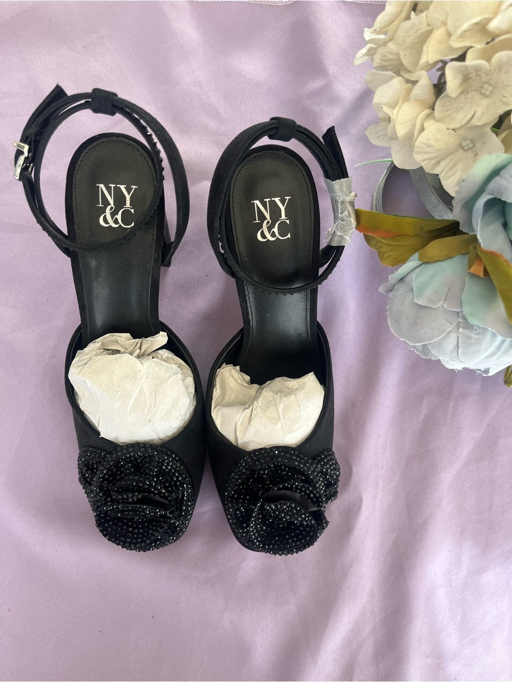 New York & Company Black Beaded Rose Ankle-Strap Heels